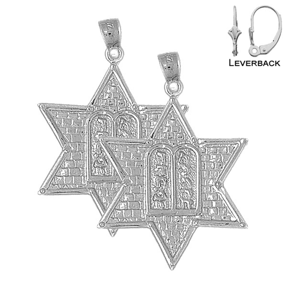 Sterling Silver 37mm Star of David with Ten Commandments Earrings (White or Yellow Gold Plated)