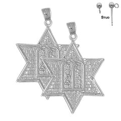 Sterling Silver 37mm Star of David with Ten Commandments Earrings (White or Yellow Gold Plated)