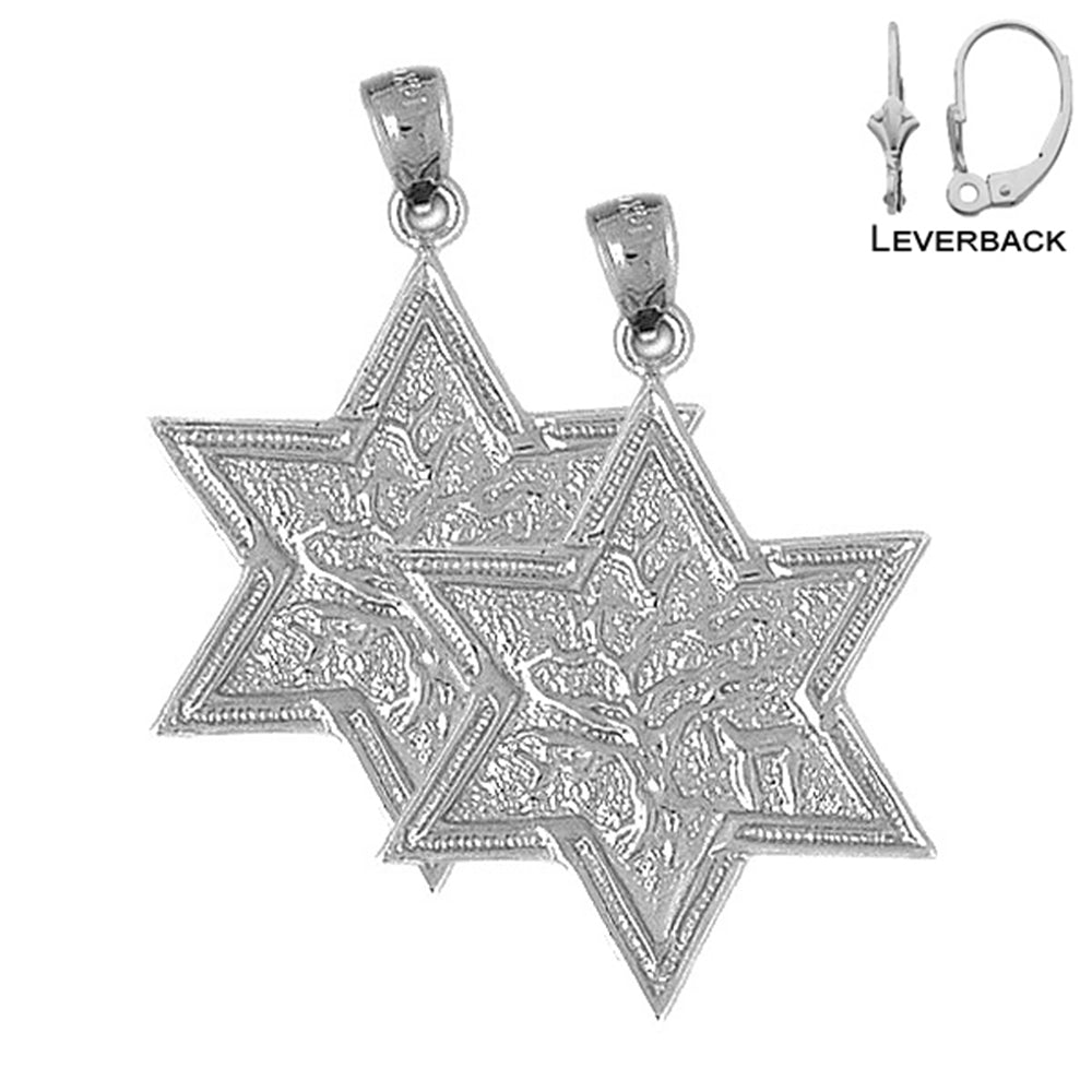 Pendientes de plata de ley con estrella de David y árbol de la vida de 36 mm (chapados en oro blanco o amarillo)