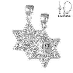 Sterling Silver 26mm Star of David with Ten Commandments Earrings (White or Yellow Gold Plated)