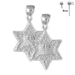 Pendientes de plata de ley con estrella de David de 26 mm y diez mandamientos (chapados en oro blanco o amarillo)