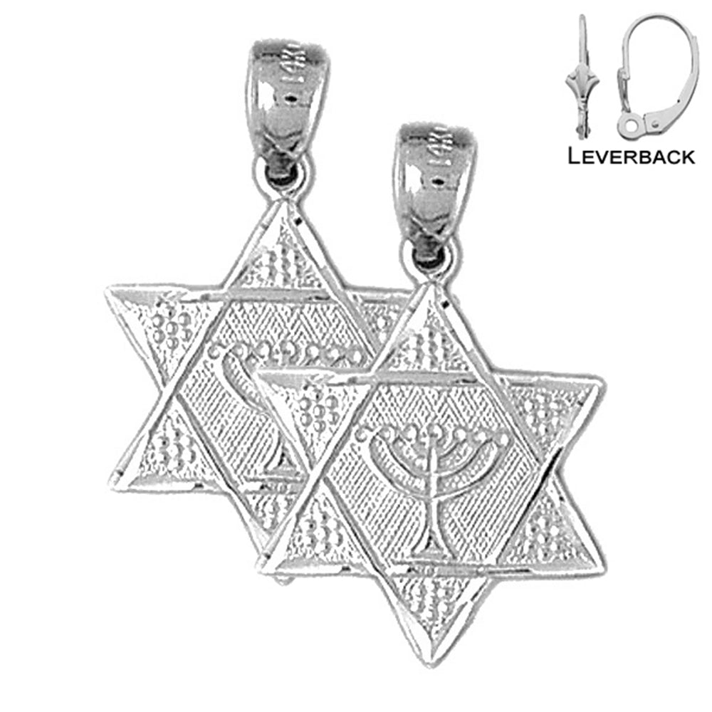 Sterling Silver 25mm Star of David with Menorah Earrings (White or Yellow Gold Plated)