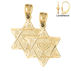 Sterling Silver 25mm Star of David with Menorah Earrings (White or Yellow Gold Plated)