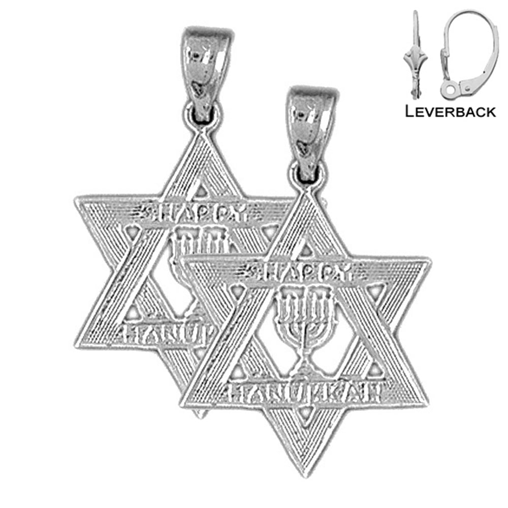 Pendientes de plata de ley con estrella de David Happy Hanukkah de 27 mm (chapados en oro blanco o amarillo)
