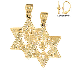 Pendientes de plata de ley con estrella de David Happy Hanukkah de 27 mm (chapados en oro blanco o amarillo)
