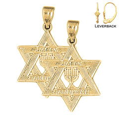 Sterling Silver 27mm Happy Hanukkah Star of David Earrings (White or Yellow Gold Plated)