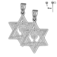 Pendientes de plata de ley con estrella de David Happy Hanukkah de 27 mm (chapados en oro blanco o amarillo)