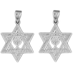 Sterling Silver 27mm Happy Hanukkah Star of David Earrings