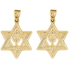 Yellow Gold-plated Silver 27mm Happy Hanukkah Star of David Earrings