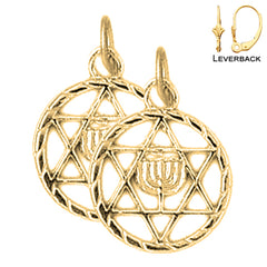 Sterling Silver 19mm Star of David with Menorah Earrings (White or Yellow Gold Plated)