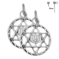 Sterling Silver 19mm Star of David with Menorah Earrings (White or Yellow Gold Plated)