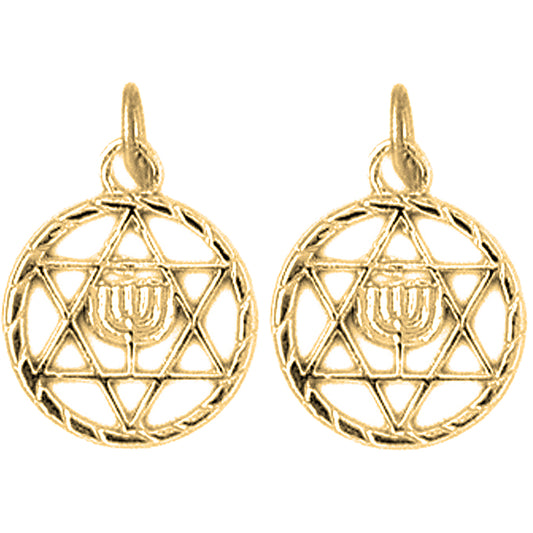 Yellow Gold-plated Silver 19mm Star of David with Menorah Earrings