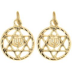 Yellow Gold-plated Silver 19mm Star of David with Menorah Earrings