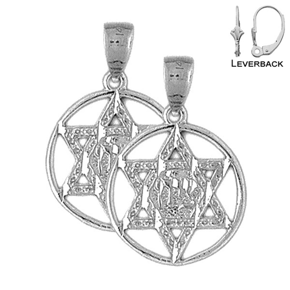 Sterling Silver 25mm Star of David in Circle Earrings (White or Yellow Gold Plated)