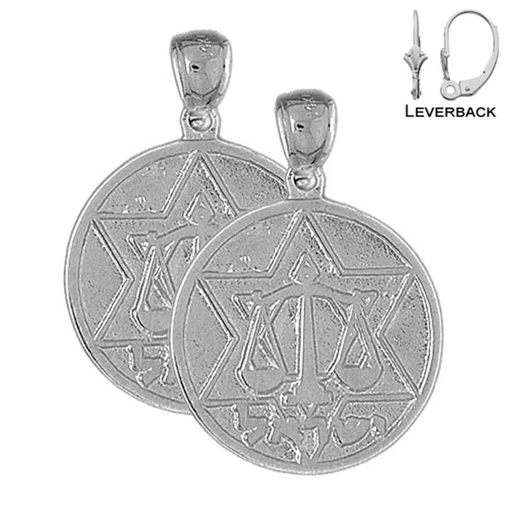 Sterling Silver 31mm Star of David and Scale of Justice Earrings (White or Yellow Gold Plated)