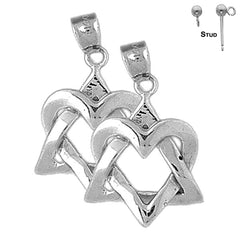 Sterling Silver 26mm Star of David with Heart Earrings (White or Yellow Gold Plated)
