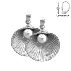 Sterling Silver 36mm Shell With Pearl Earrings (White or Yellow Gold Plated)
