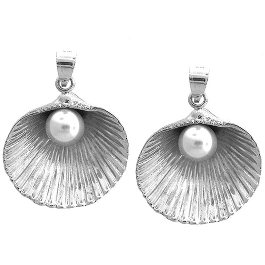 Sterling Silver 36mm Shell With Pearl Earrings