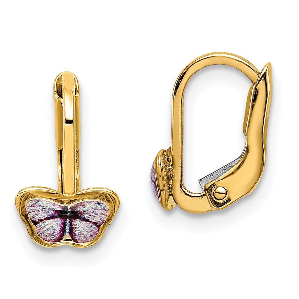 14K Yellow Gold Children's Enamel Butterfly Hoop Earrings