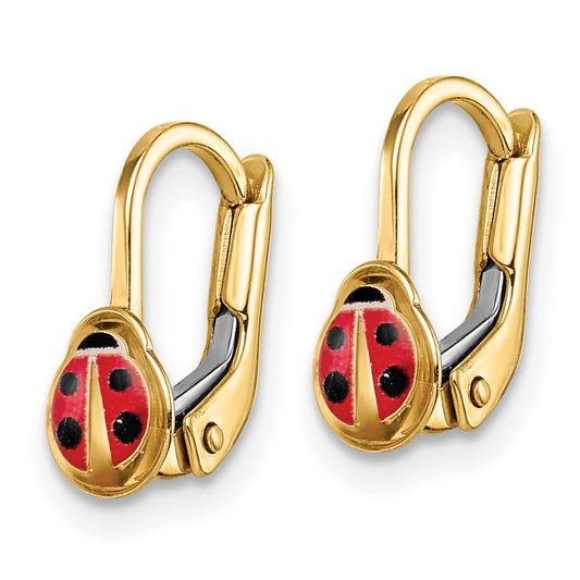 14K Yellow Gold Children's Enamel Ladybug Leverback Earrings
