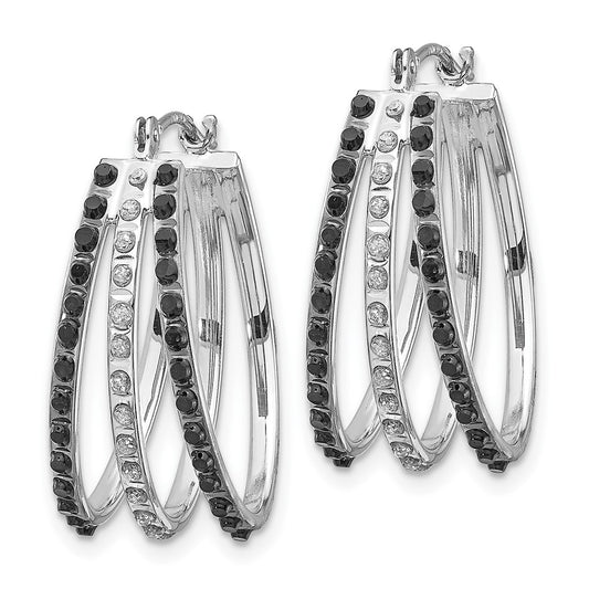 14K White Gold Diamond Fascination Black with Diamond Triple Oval Hinged Hoop Earrings