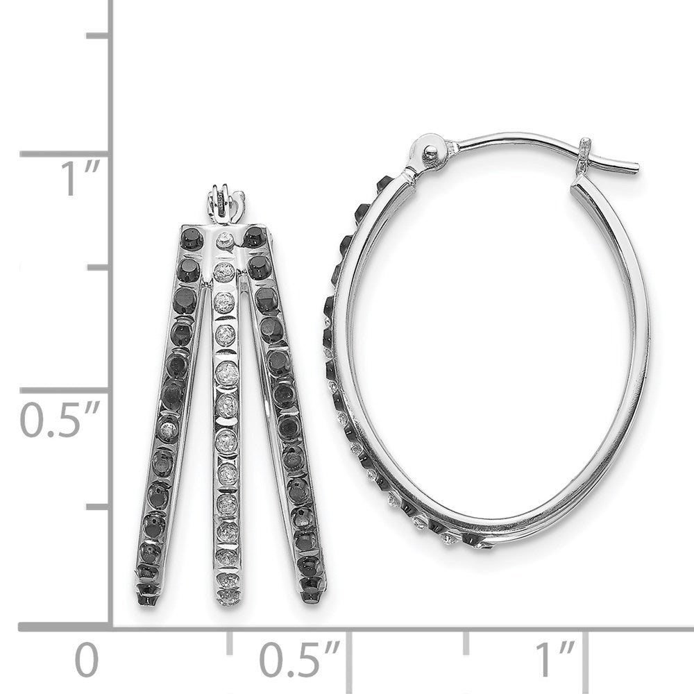 14K White Gold Diamond Fascination Black with Diamond Triple Oval Hinged Hoop Earrings