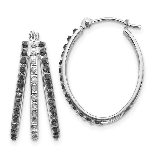 14K White Gold Diamond Fascination Black with Diamond Triple Oval Hinged Hoop Earrings