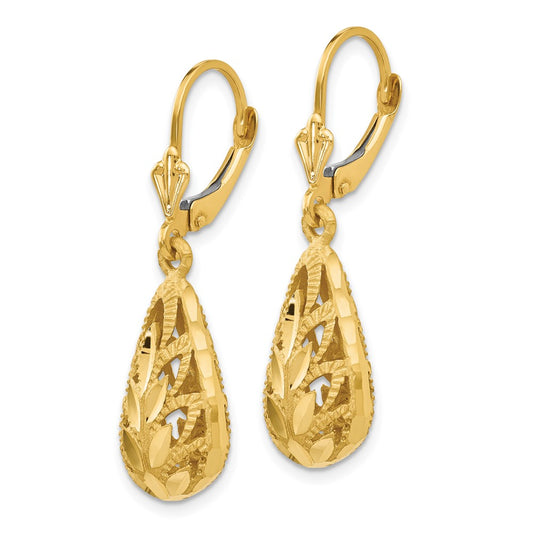 14K Yellow Gold Polished and Diamond-cut Dangle Leverback Earrings