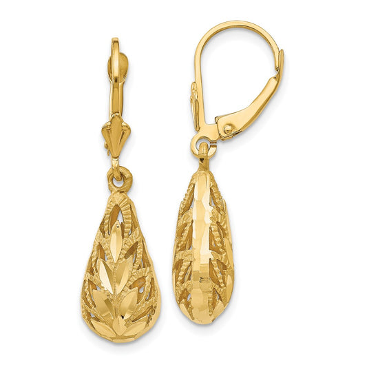 14K Yellow Gold Polished and Diamond-cut Dangle Leverback Earrings