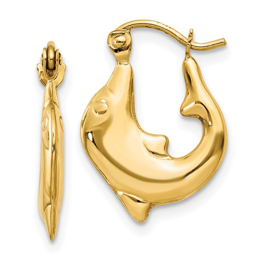 14K Yellow Gold Polished Dolphin Hoop Earrings