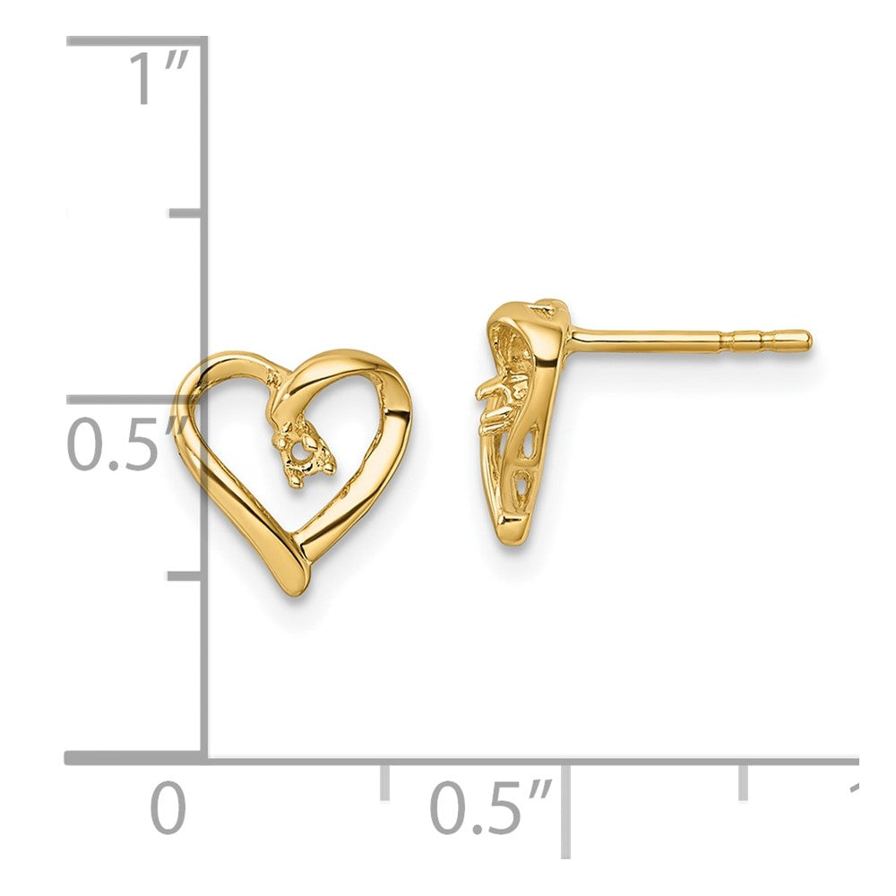 14K Yellow Gold AA Diamond Heart Post Earrings