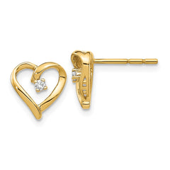 14K Yellow Gold AA Diamond Heart Post Earrings