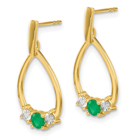 14K Yellow Gold Emerald and White Sapphire Post Dangle Earrings