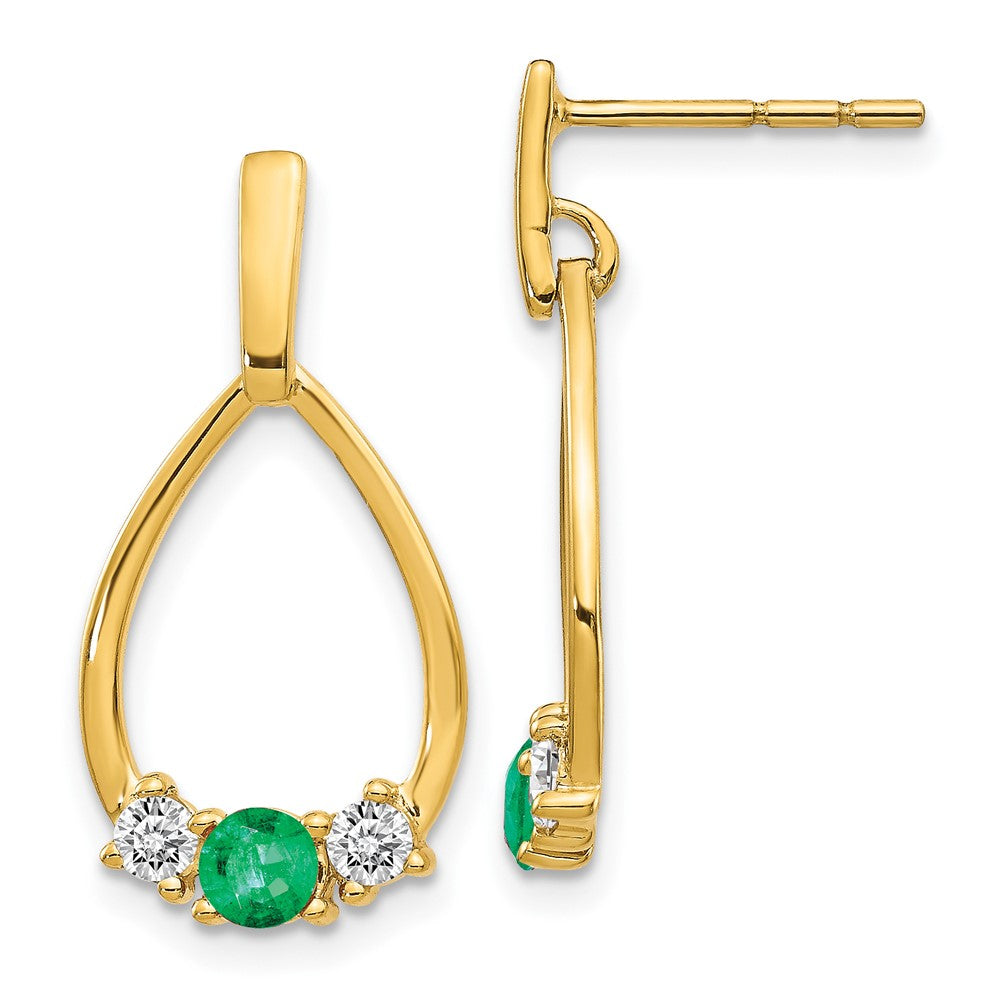 14K Yellow Gold Emerald and White Sapphire Post Dangle Earrings