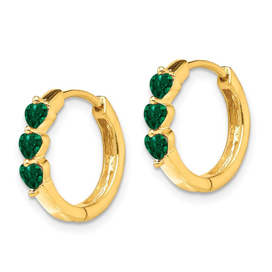 14K Yellow Gold Created Emerald Polished Hinged Hoop Earrings