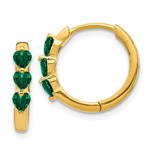 14K Yellow Gold Created Emerald Polished Hinged Hoop Earrings