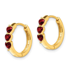 10K Yellow Gold 3 Stone Created Ruby Polished Hinged Hoop Earrings