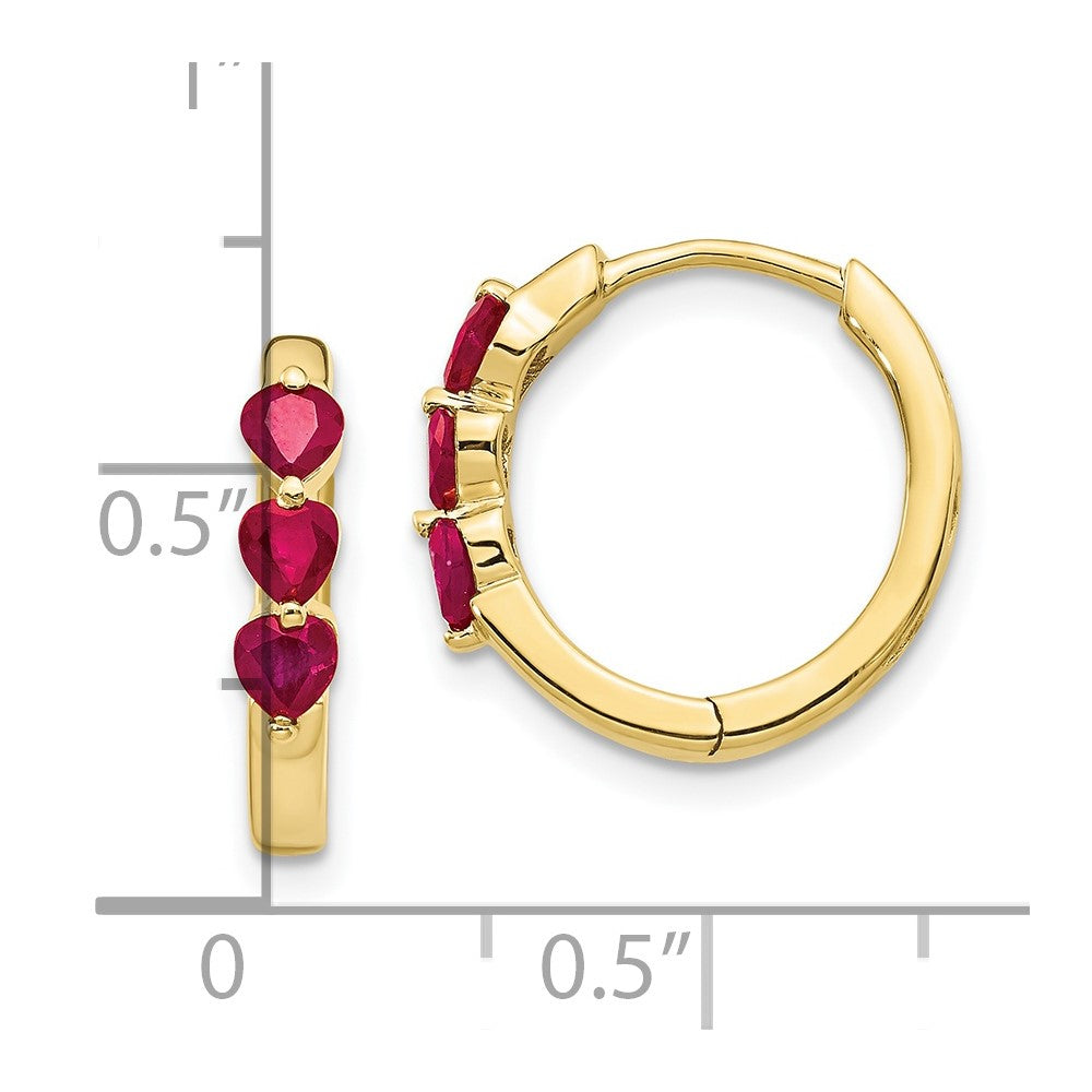 10K Yellow Gold 3 Stone Created Ruby Polished Hinged Hoop Earrings