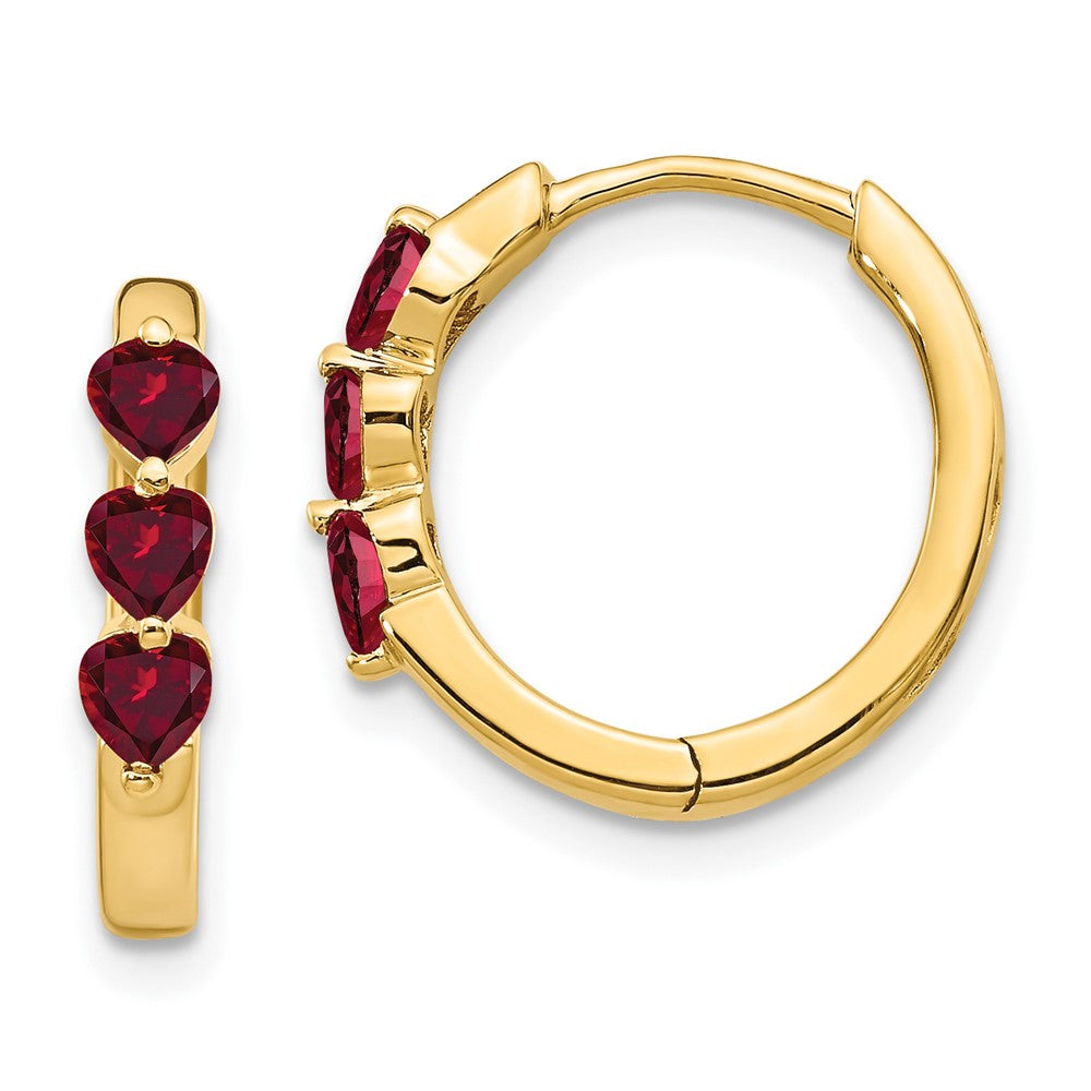 10K Yellow Gold 3 Stone Created Ruby Polished Hinged Hoop Earrings