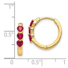 14K Yellow Gold Created Ruby Polished Hinged Hoop Earrings