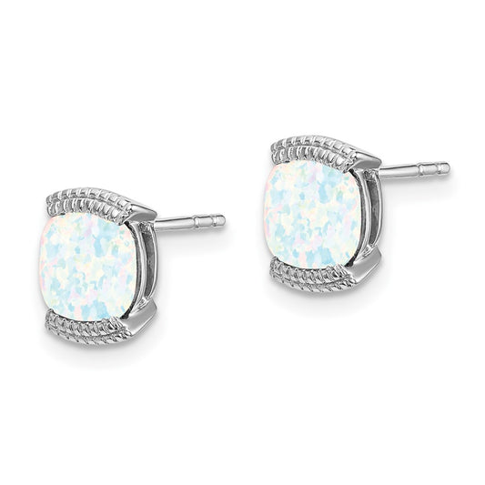 14K White Gold Created Opal Stud Earrings