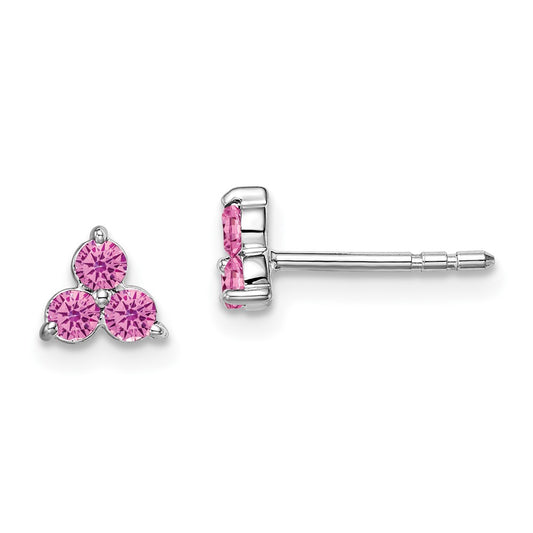 14K White Gold 3-stone Created Pink Sapphire Triangle Earrings