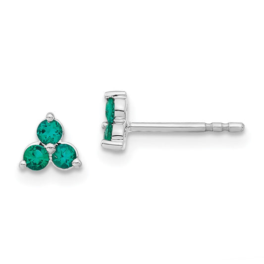 14K White Gold 3-stone Created Emerald Triangle Earrings