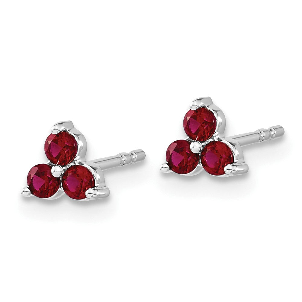 14K White Gold 3-stone Created Ruby Triangle Earrings