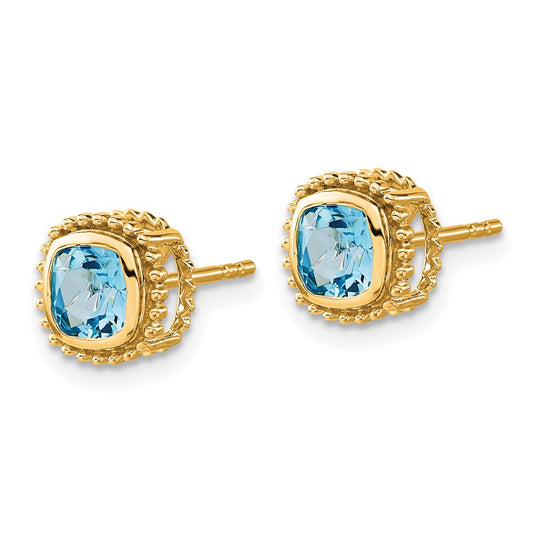 14K Yellow Gold Cushion Blue Topaz Earrings