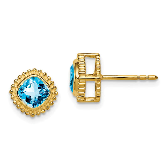 14K Yellow Gold Cushion Blue Topaz Earrings