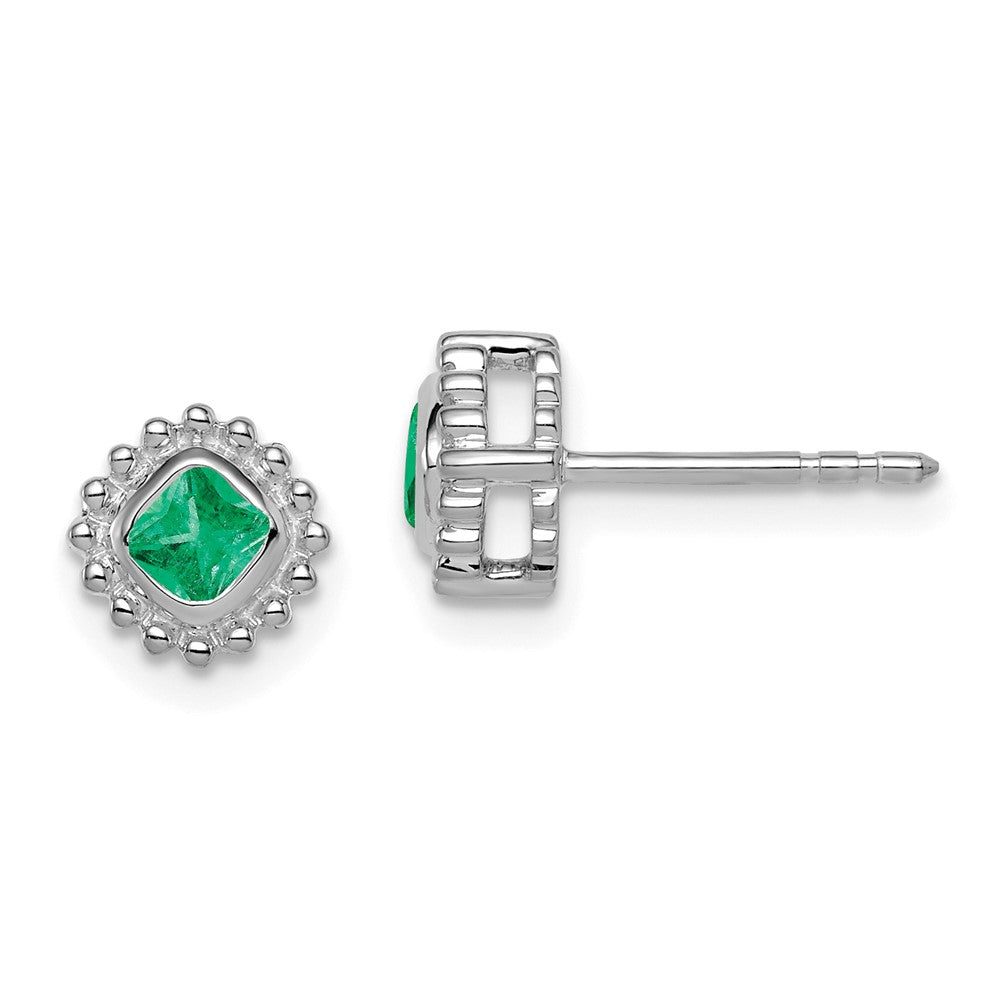 14K White Gold Cushion Emerald Earrings