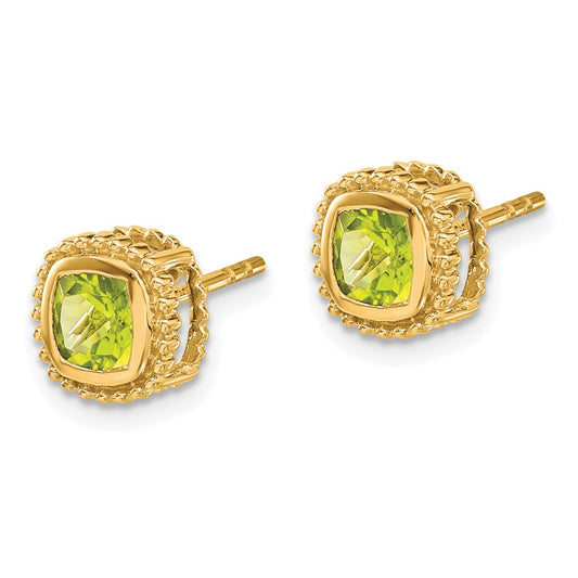 14K Yellow Gold Cushion Peridot Earrings