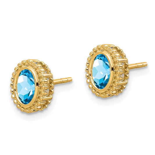 14K Yellow Gold Oval Blue Topaz Post Earrings