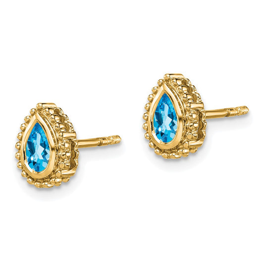 14K Yellow Gold Pear Blue Topaz Post Earrings